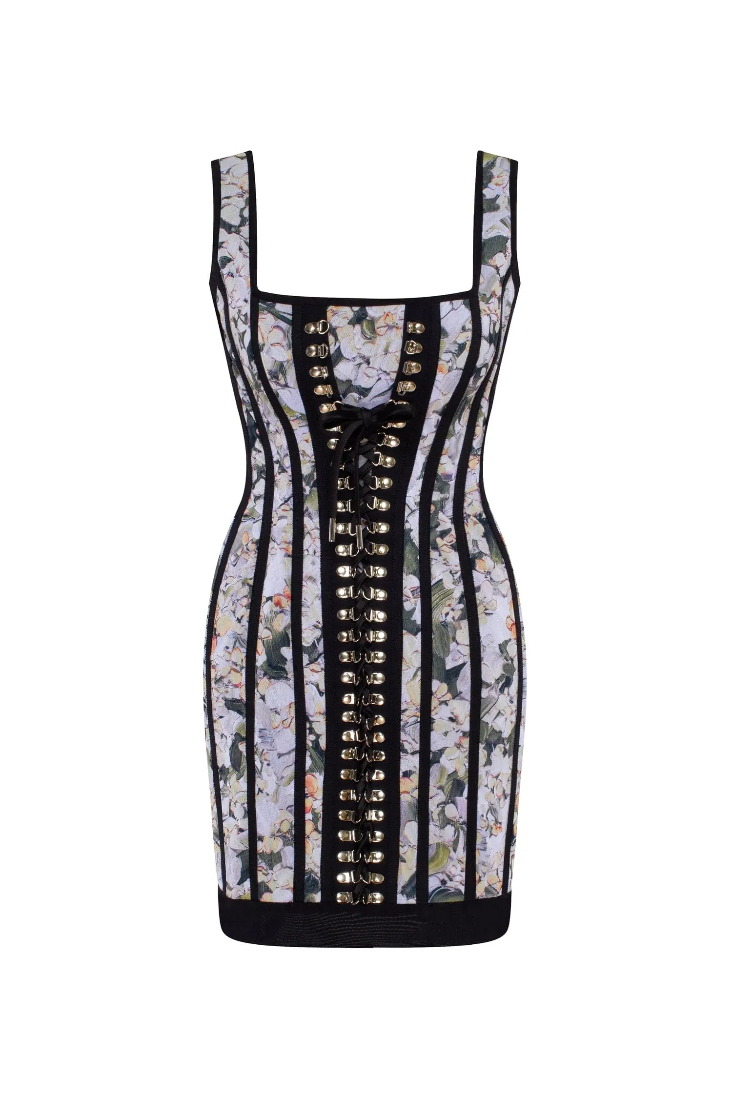 Alluring floral mini dress with bold lace-up hook closure sold by Milla