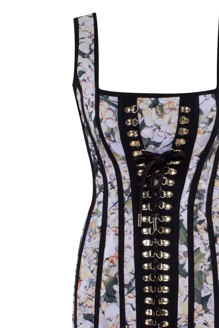 Alluring floral mini dress with bold lace-up hook closure sold by Milla product image thumbnail 5