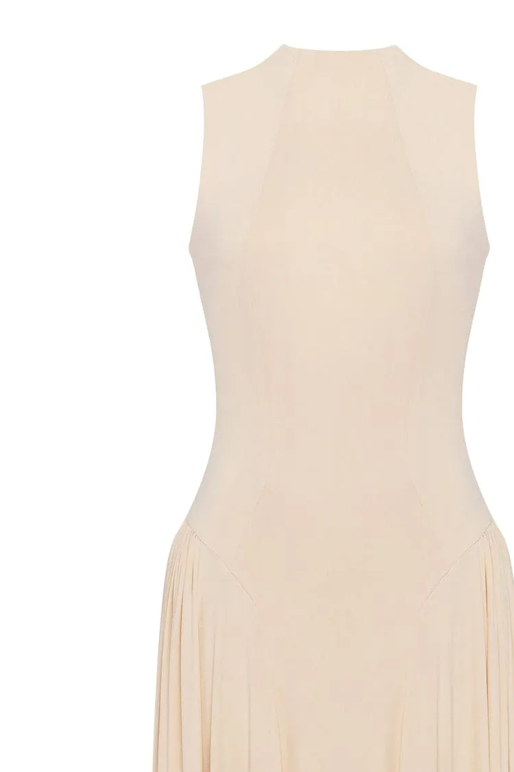 Nude sleeveless mock neck dress with a pleated maxi skirt sold by Milla product image thumbnail 5