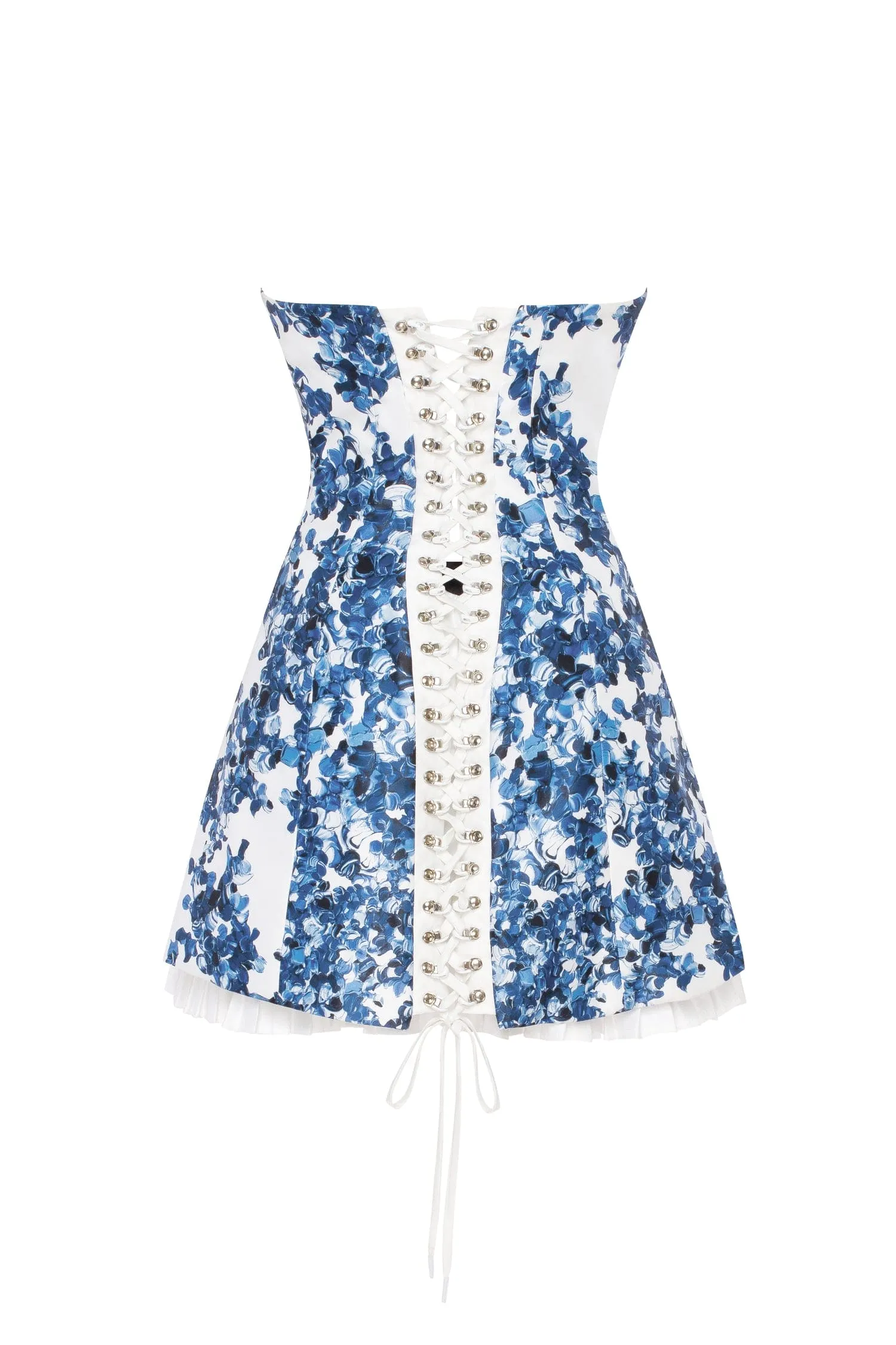 Strapless blue hydrangea mini dress with accent lacing sold by Milla product image thumbnail 3