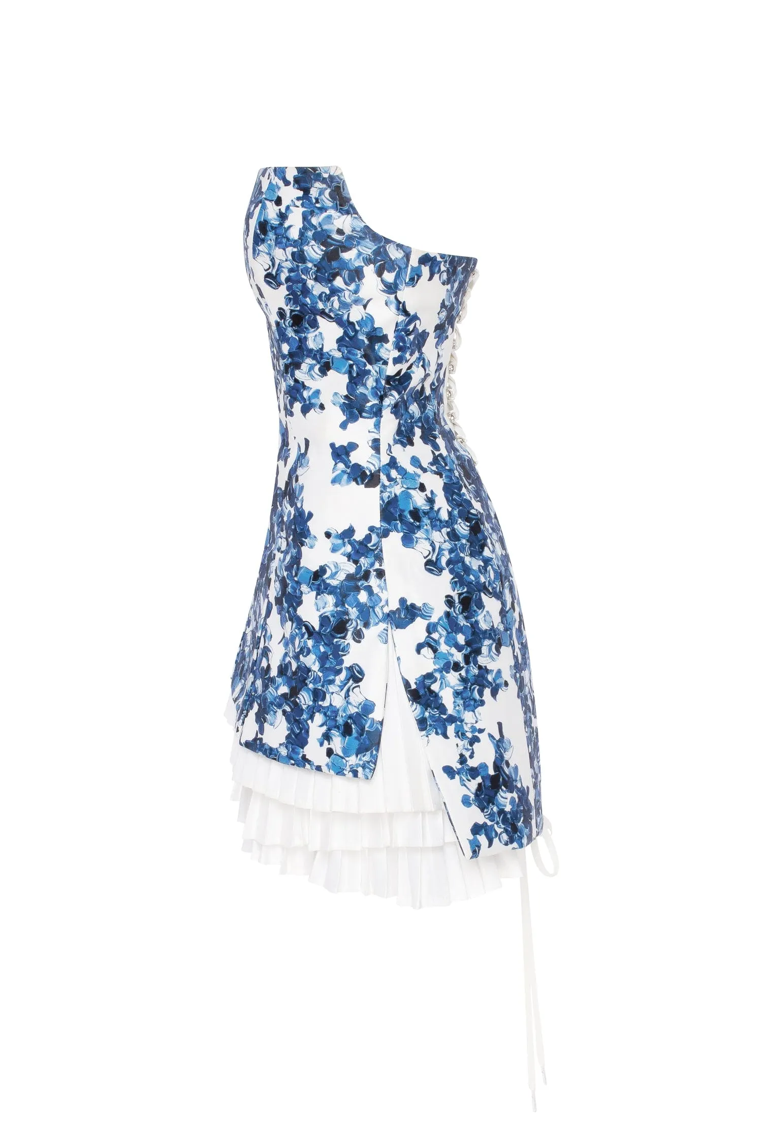 Strapless blue hydrangea mini dress with accent lacing sold by Milla product image thumbnail 5