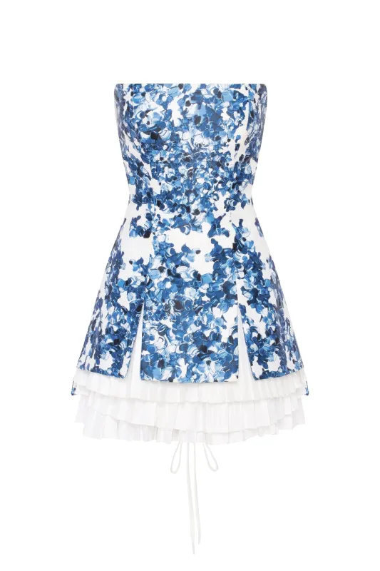 Strapless blue hydrangea mini dress with accent lacing sold by Milla