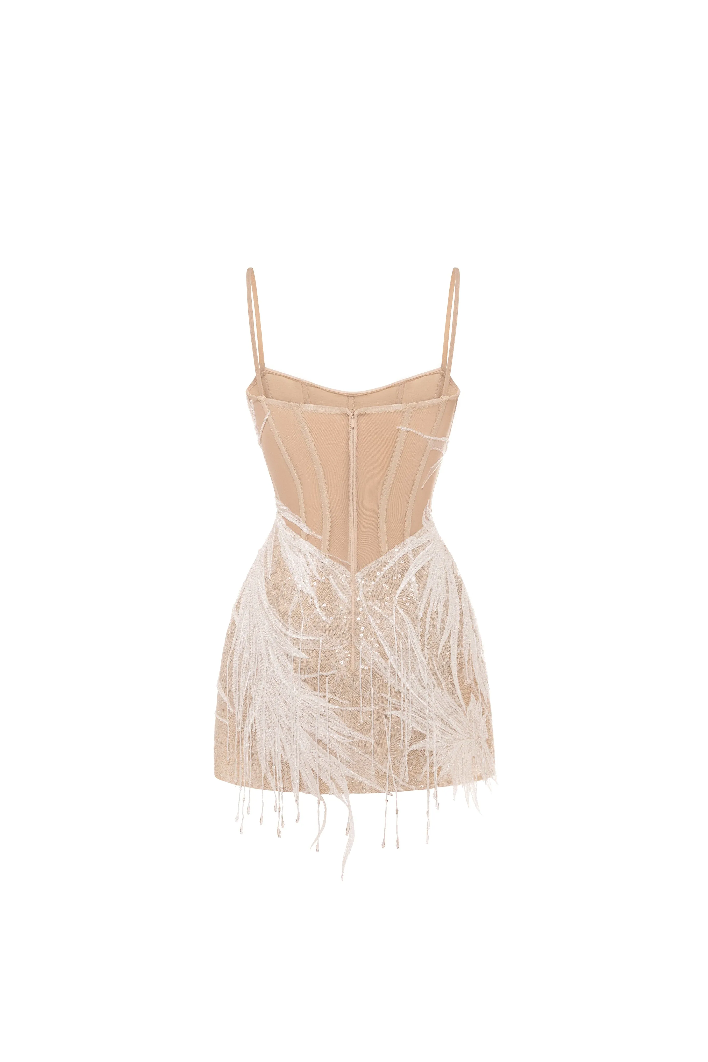 Beige lace corset mini dress embellished with sequins and fringes sold by Milla product image thumbnail 4
