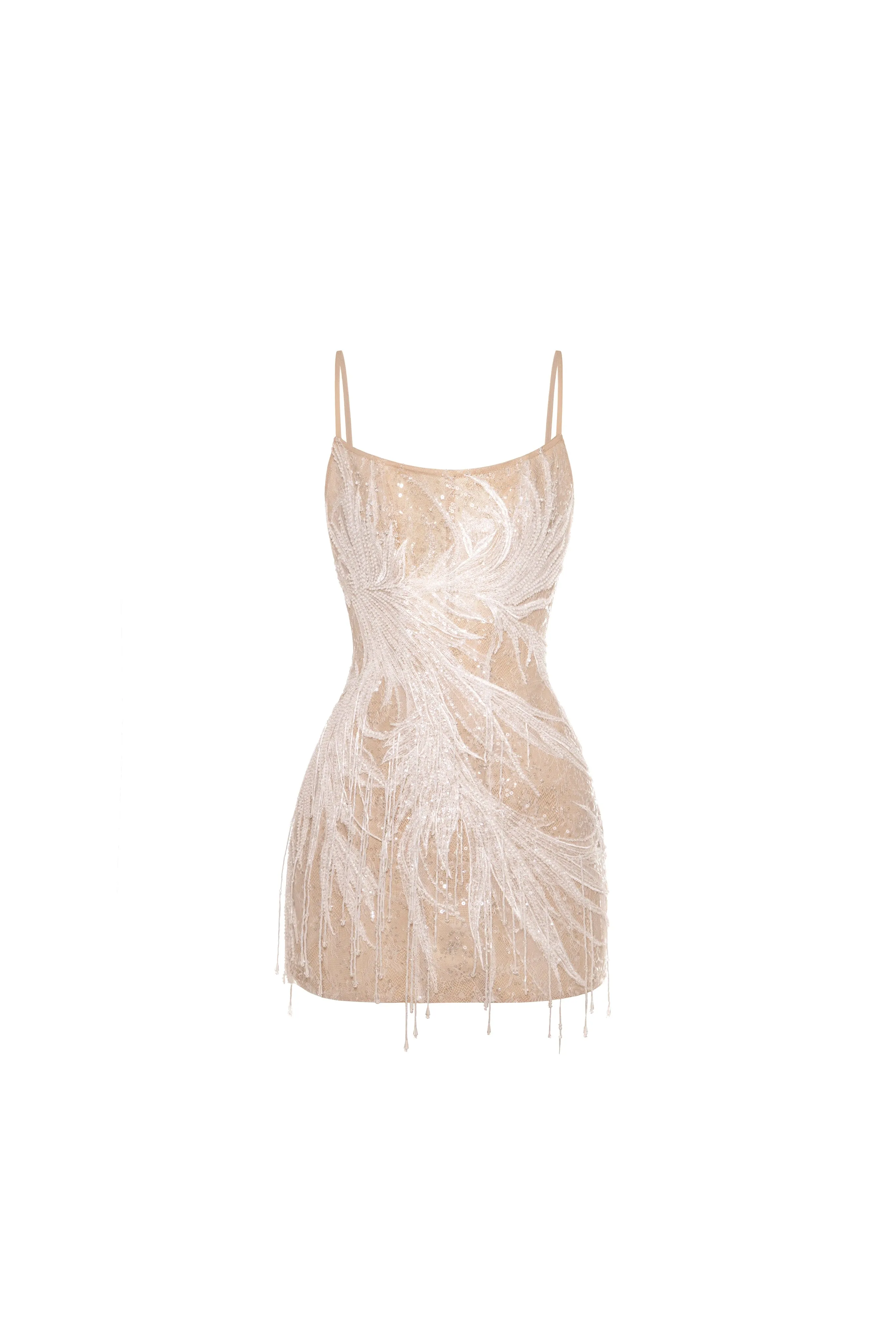 Beige lace corset mini dress embellished with sequins and fringes sold by Milla product image thumbnail 2
