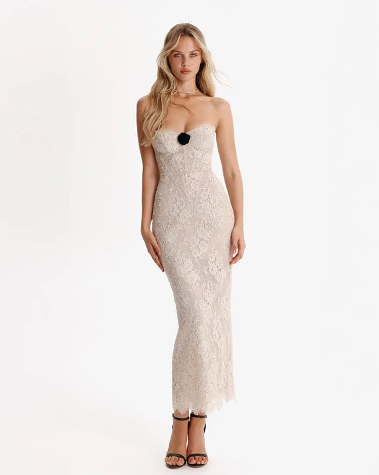 Nude lace corset maxi dress sold by Milla