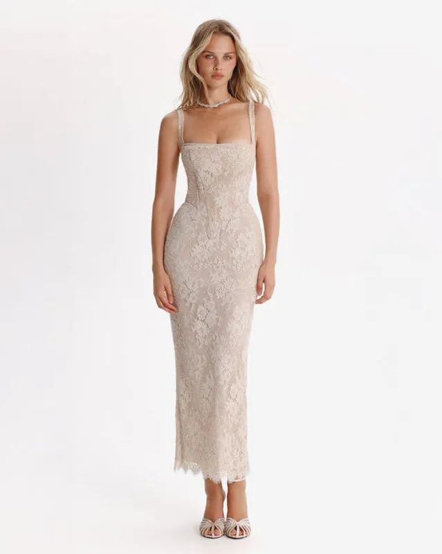 Beige sequinned maxi dress sold by Milla