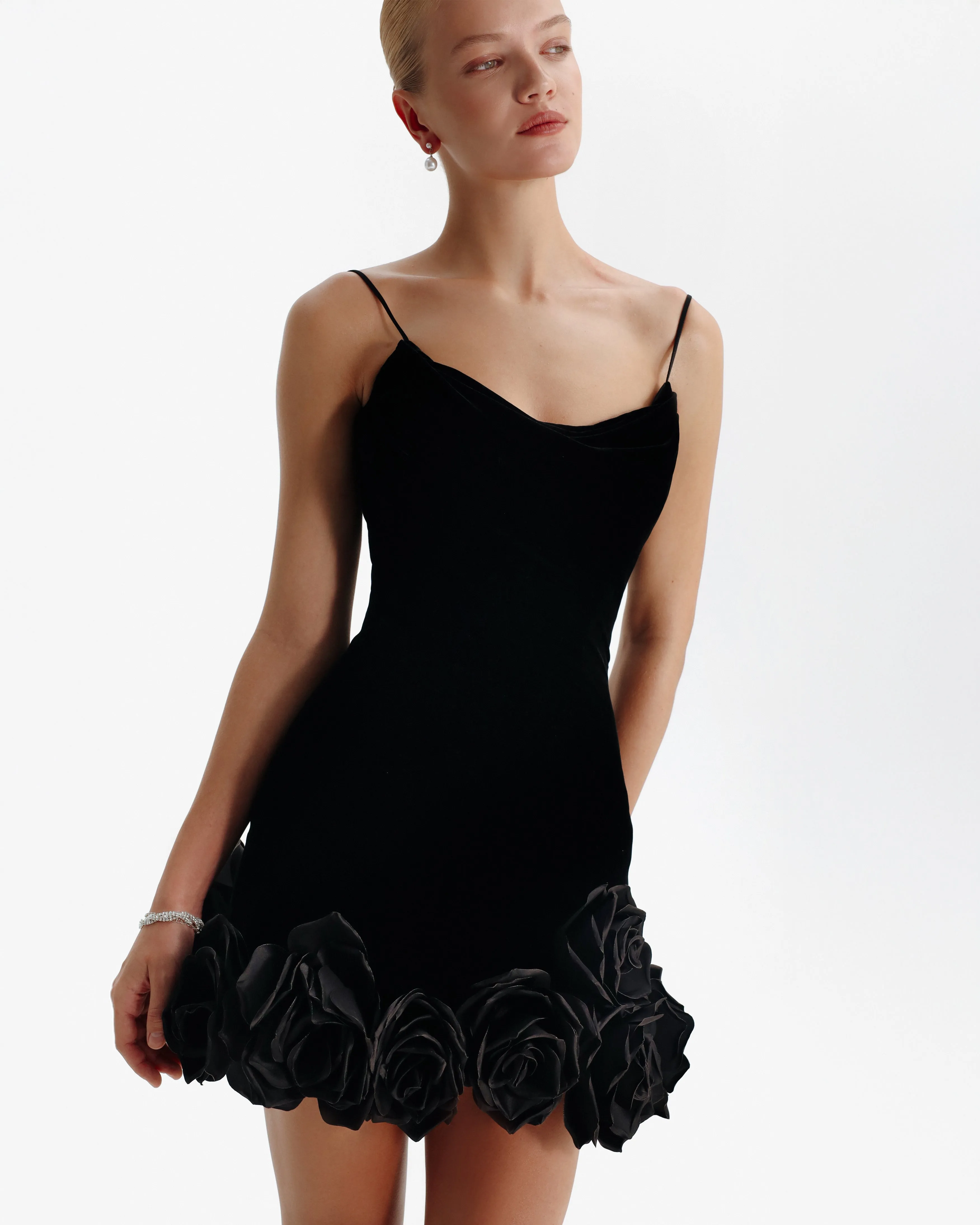 Black velvet mini dress with 3D flowers sold by Milla product image thumbnail 5
