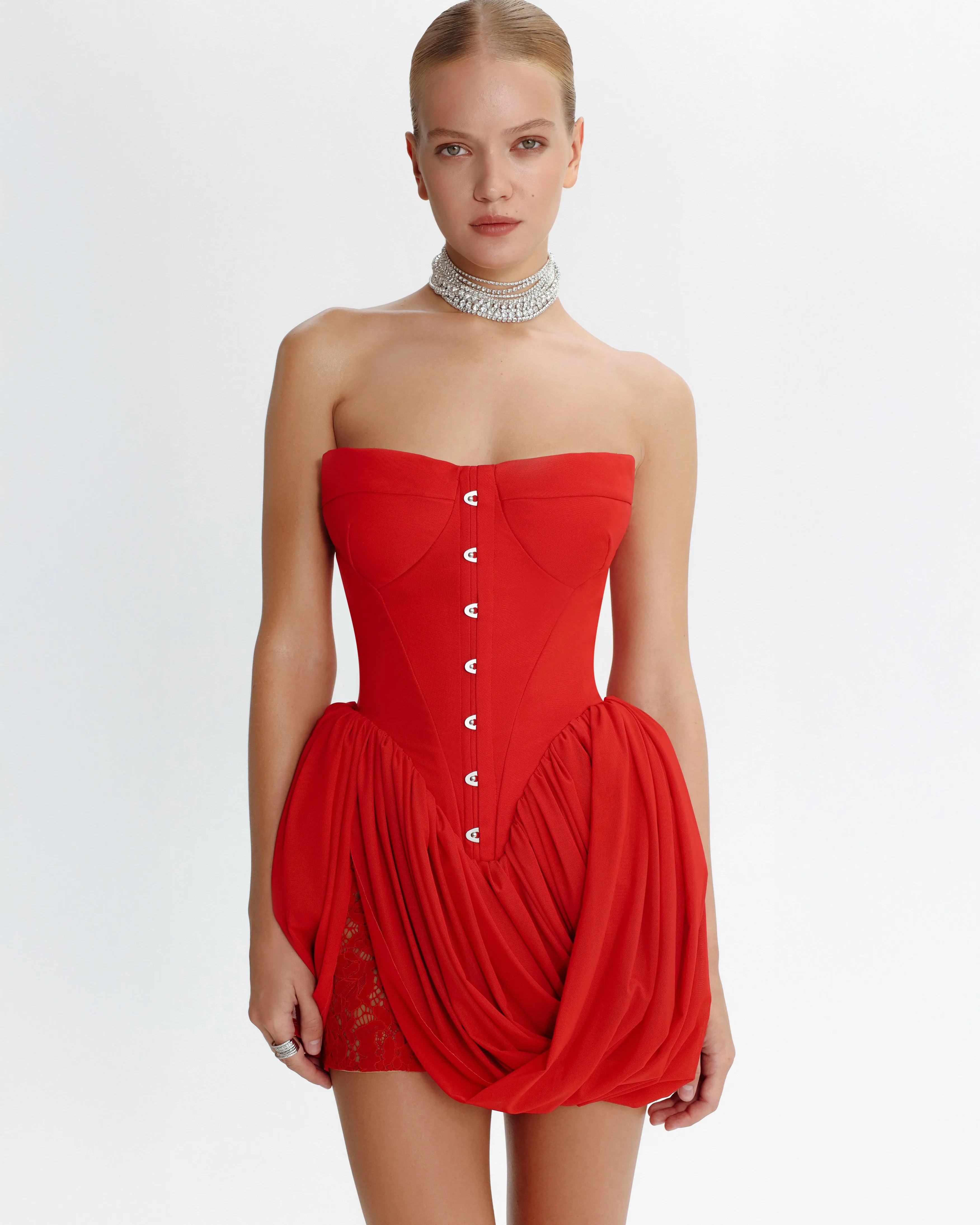 Red corset mini dress with draped skirt sold by Milla product image thumbnail 5