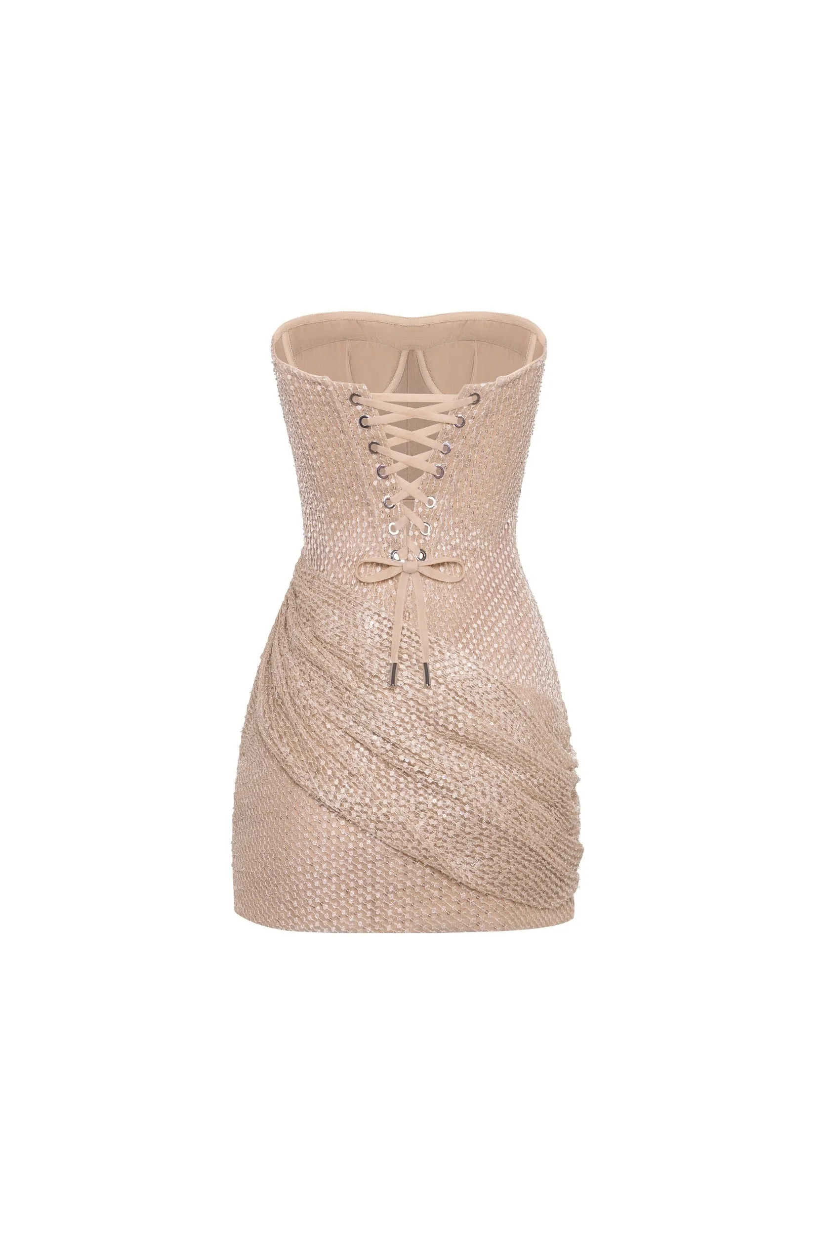 Sparkling beige mini dress with draping sold by Milla product image thumbnail 4