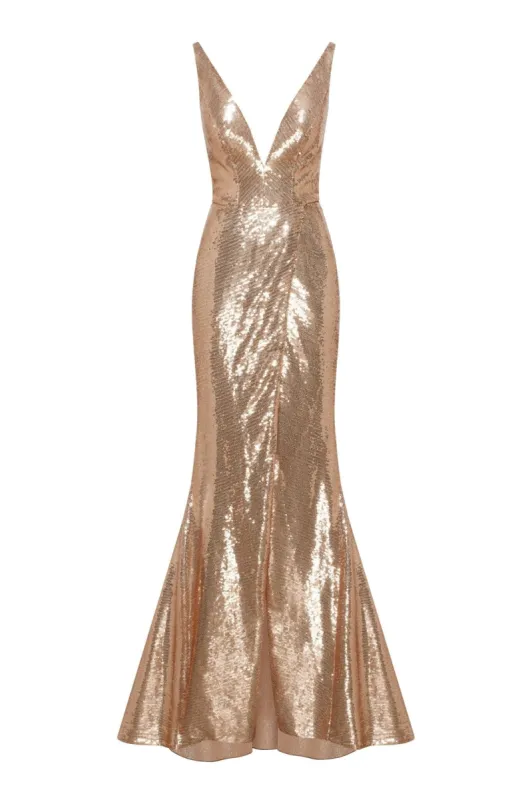Jaw-dropping sequined lace maxi dress and gloves set sold by Milla