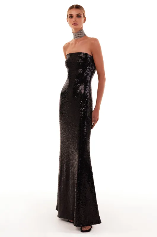 Sequined strapless maxi dress in black sold by Milla