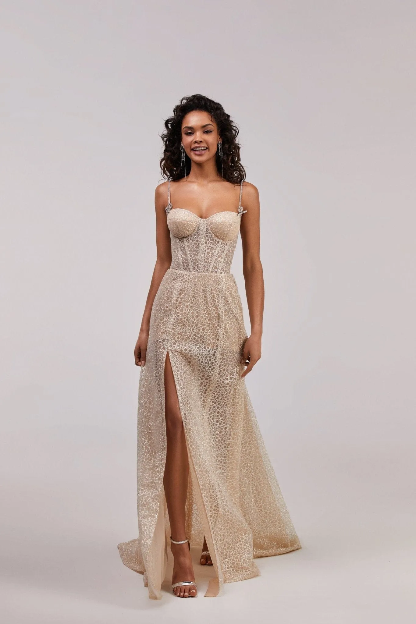 Golden Royal fitted evening gown with the high slit sold by Milla