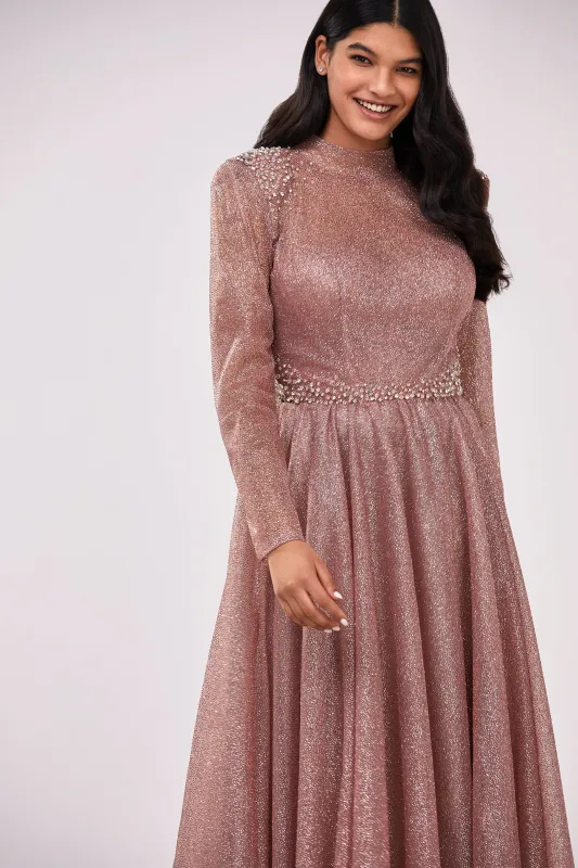 Misty Rose Long-sleeve maxi dress decorated with shiny rhinestones made by Milla