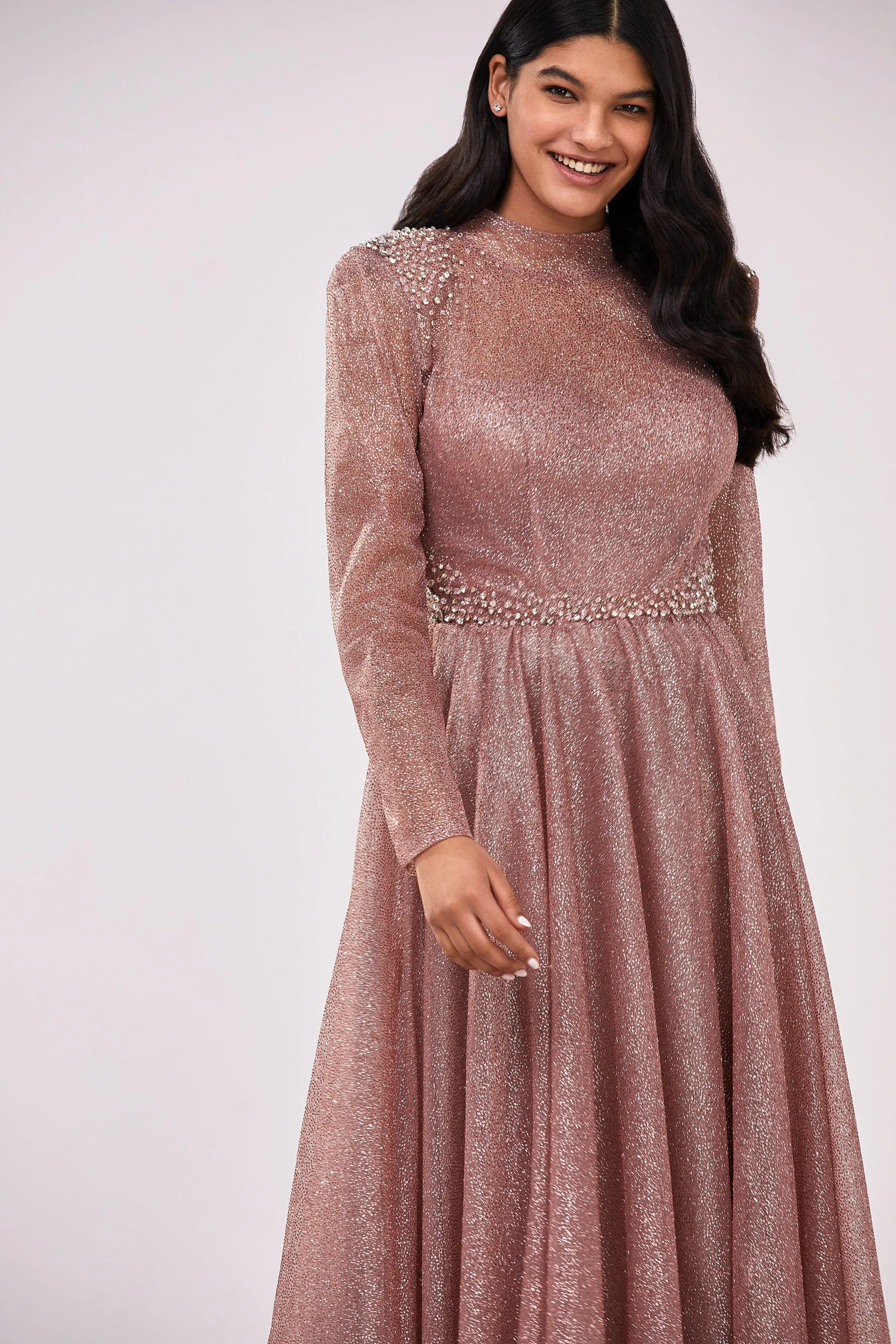 Misty Rose Long-sleeve maxi dress decorated with shiny rhinestones sold by Milla