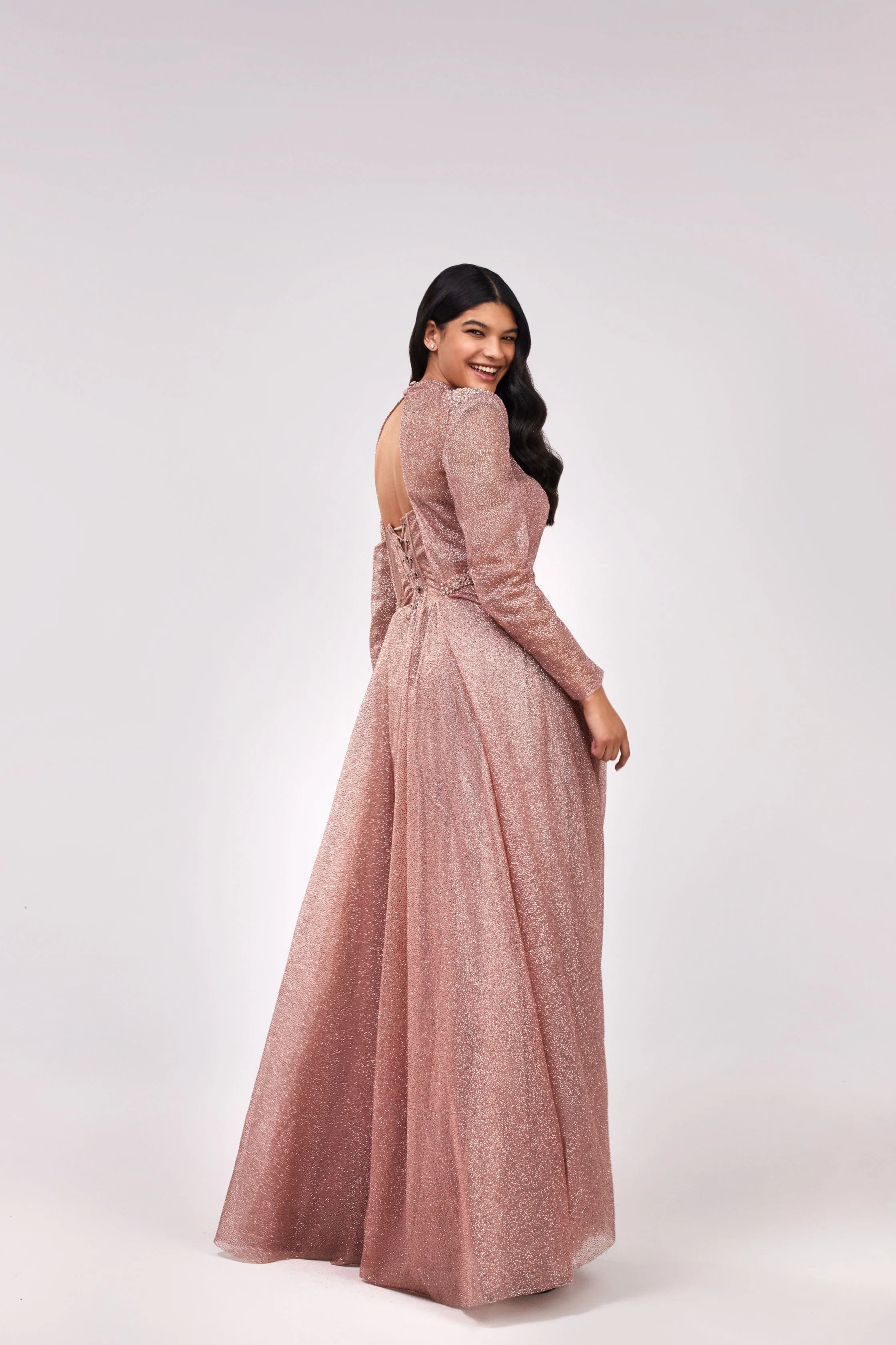 Misty Rose Long-sleeve maxi dress decorated with shiny rhinestones sold by Milla product image thumbnail 3