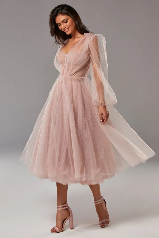 Misty Rose Tie shoulder midi tulle dress sold by Milla
