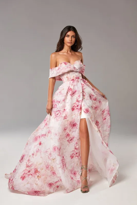 Pink Peony Chic off-the-shoulder floral maxi dress sold by Milla