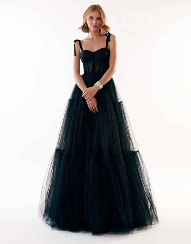 Black Delicate Tie-Strap Maxi Tulle Dress sold by Milla