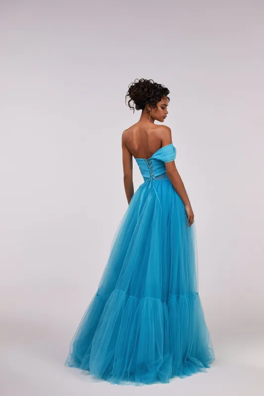Aquamarine ball gown with one-shoulder wrap top sold by Milla