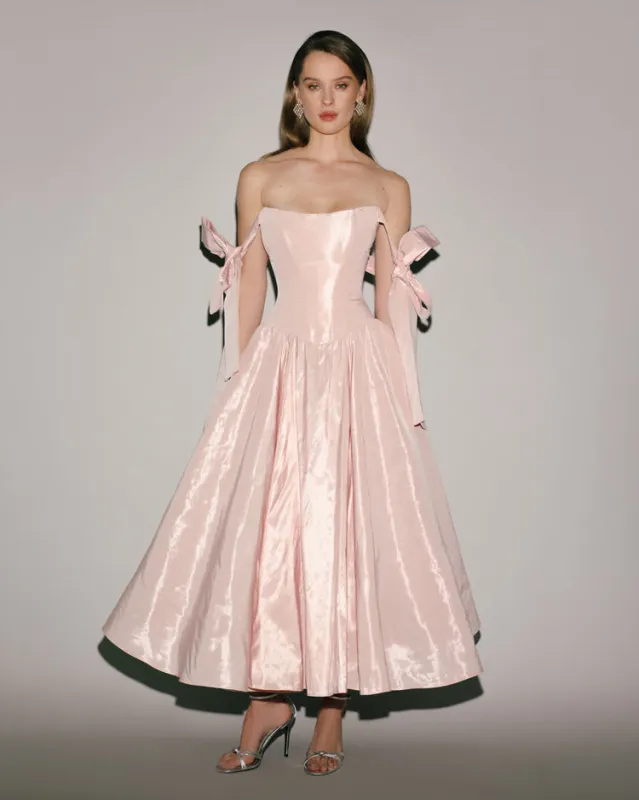 Misty Rose Taffeta Corset Midi Dress sold by Milla