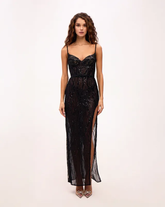 Astonishing sequined maxi gown on spaghetti straps with short briefs made by Milla
