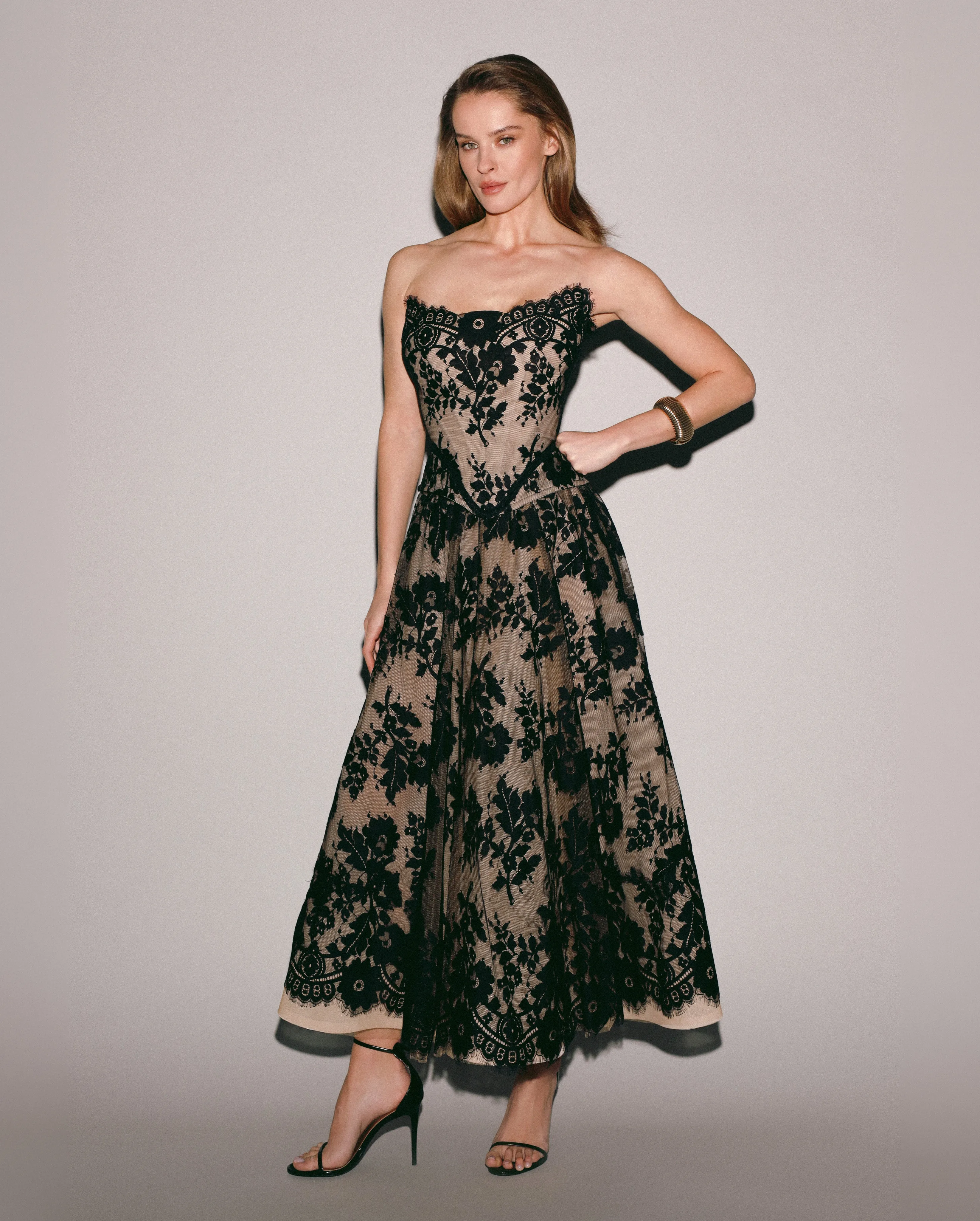 Beige A-line midi skirt with Chantilly lace sold by Milla