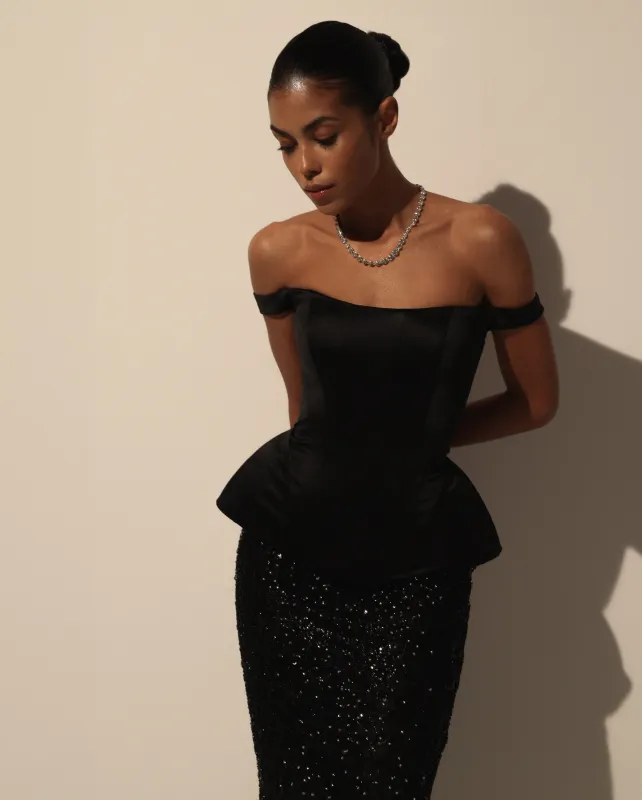 Black Satin Corset with Off-the-Shoulder Straps made by Milla