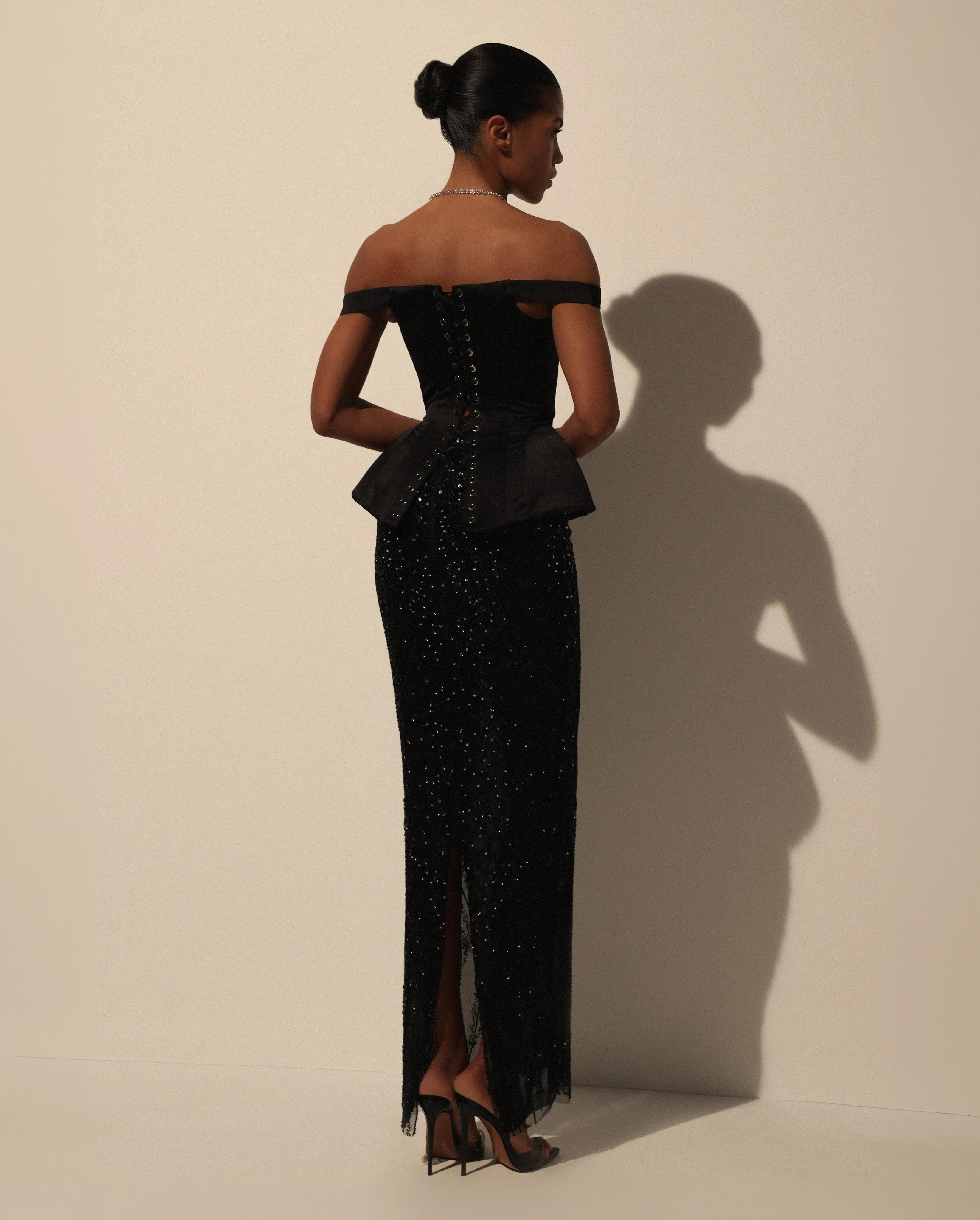 Black Satin Corset with Off-the-Shoulder Straps sold by Milla product image thumbnail 3
