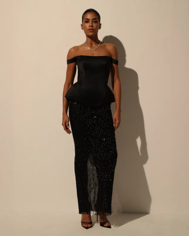 Black semi-sheer embroidered lace maxi skirt made by Milla