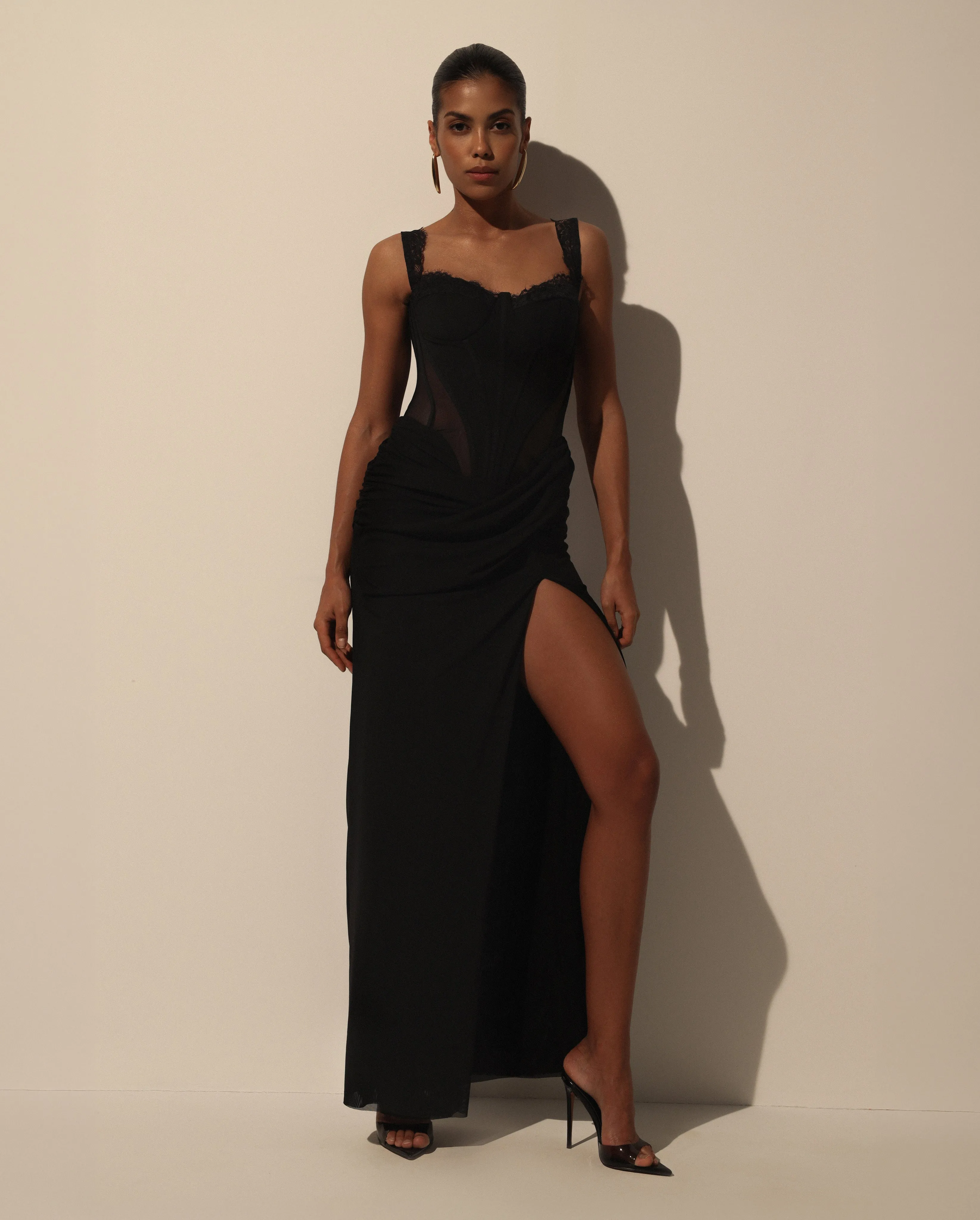 Black Maxi Dress with Corset Bodice and Slit sold by Milla