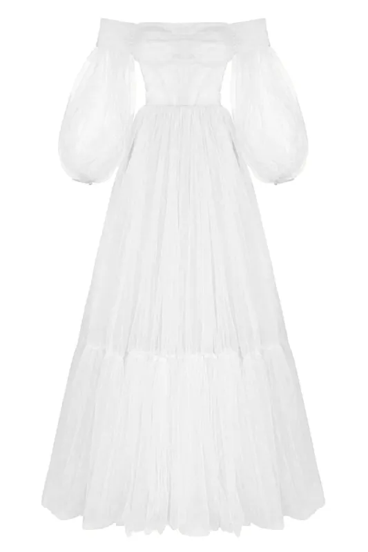 White Sheer Sleeves Maxi Tulle Dress made by Milla