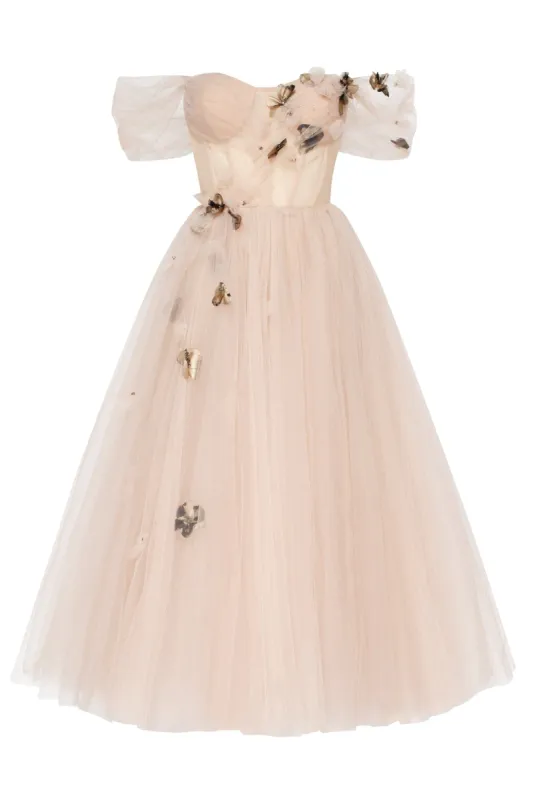Off-the-shoulder midi gown with the tender embellishment sold by Milla