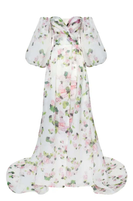 Apple Blossom Elegant floral puff sleeve maxi dress sold by Milla