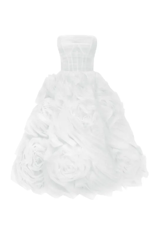 Dramatically flowered tulle dress in white sold by Milla