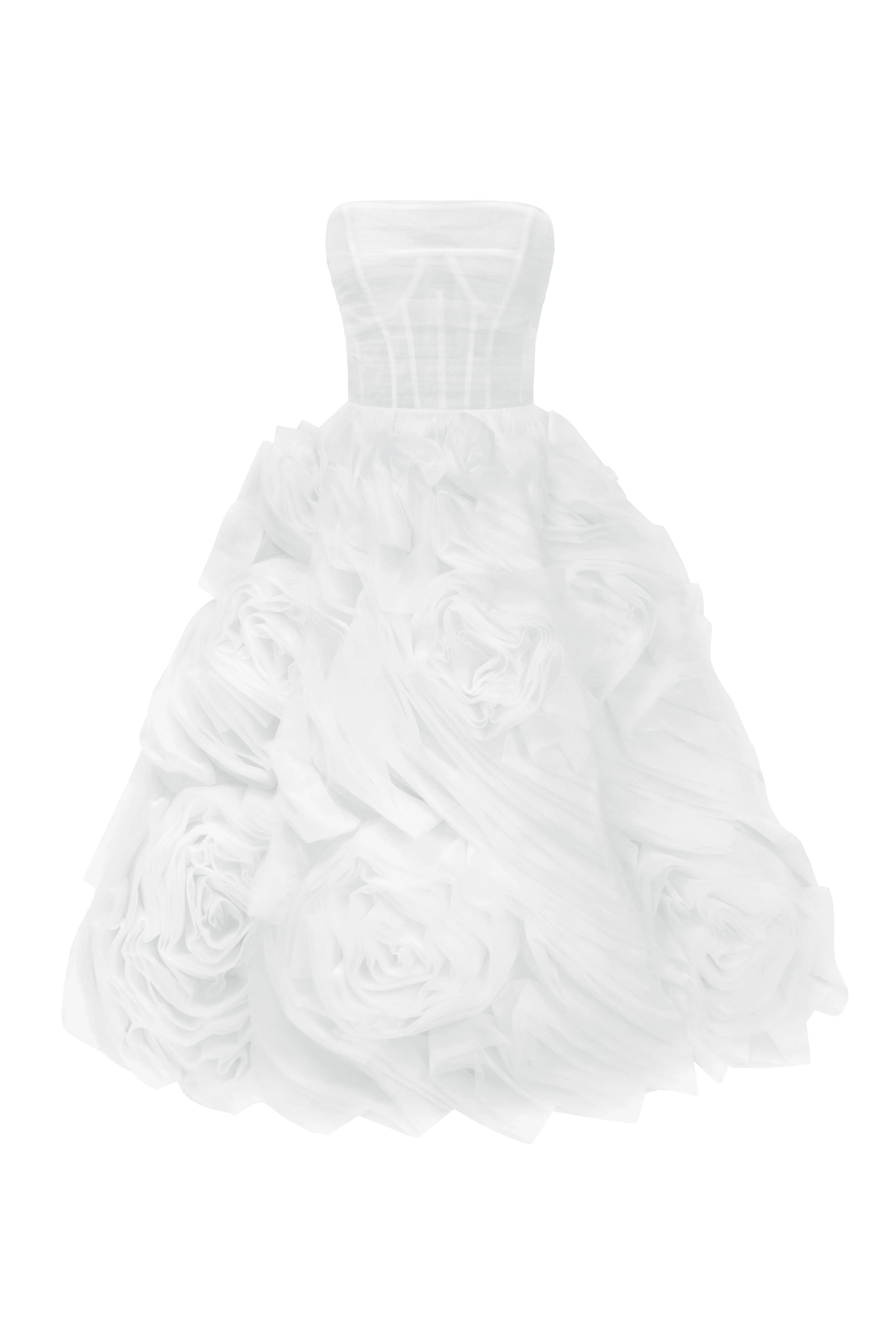 Dramatically flowered tulle dress in white sold by Milla
