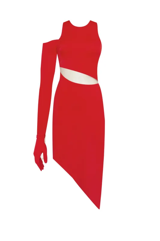 Jaw-dropping asymmetric red midi dress, Xo Xo sold by Milla
