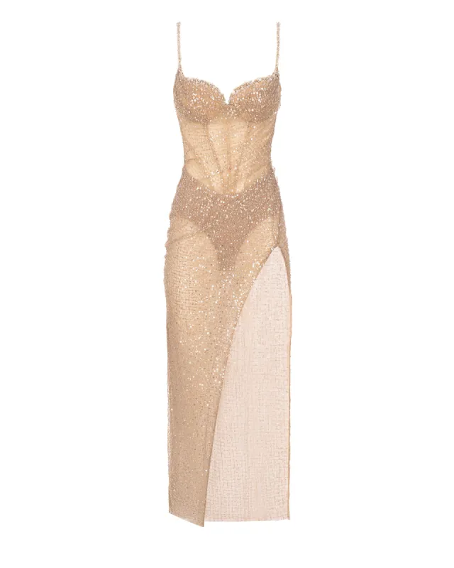 Sensational champagne gold crystal-embellished maxi dress on spaghetti straps sold by Milla