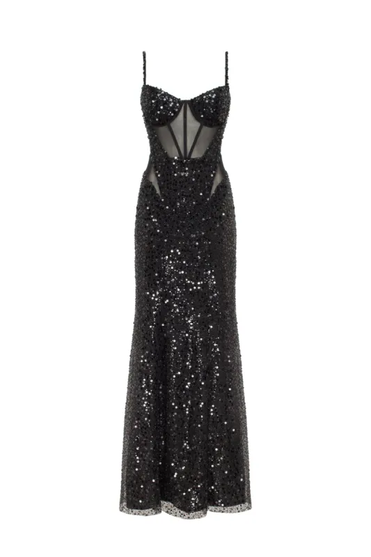Sensational black maxi on spaghetti straps covered in sequins, Smoky Quartz sold by Milla