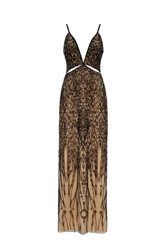 Gala-worthy beige maxi dress covered in black sequined ornament, Smoky Quartz sold by Milla
