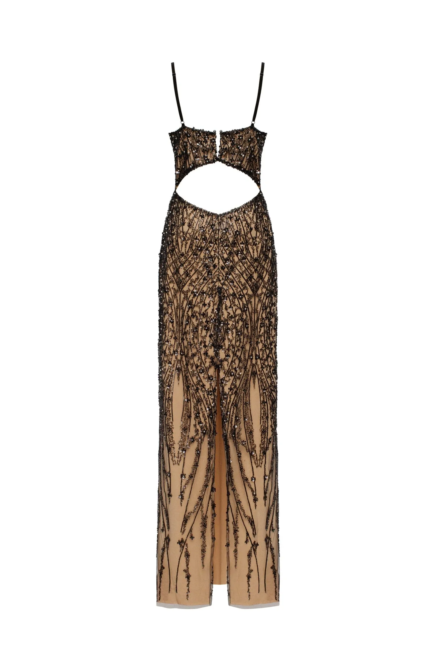 Gala-worthy beige maxi dress covered in black sequined ornament, Smoky Quartz sold by Milla product image thumbnail 3