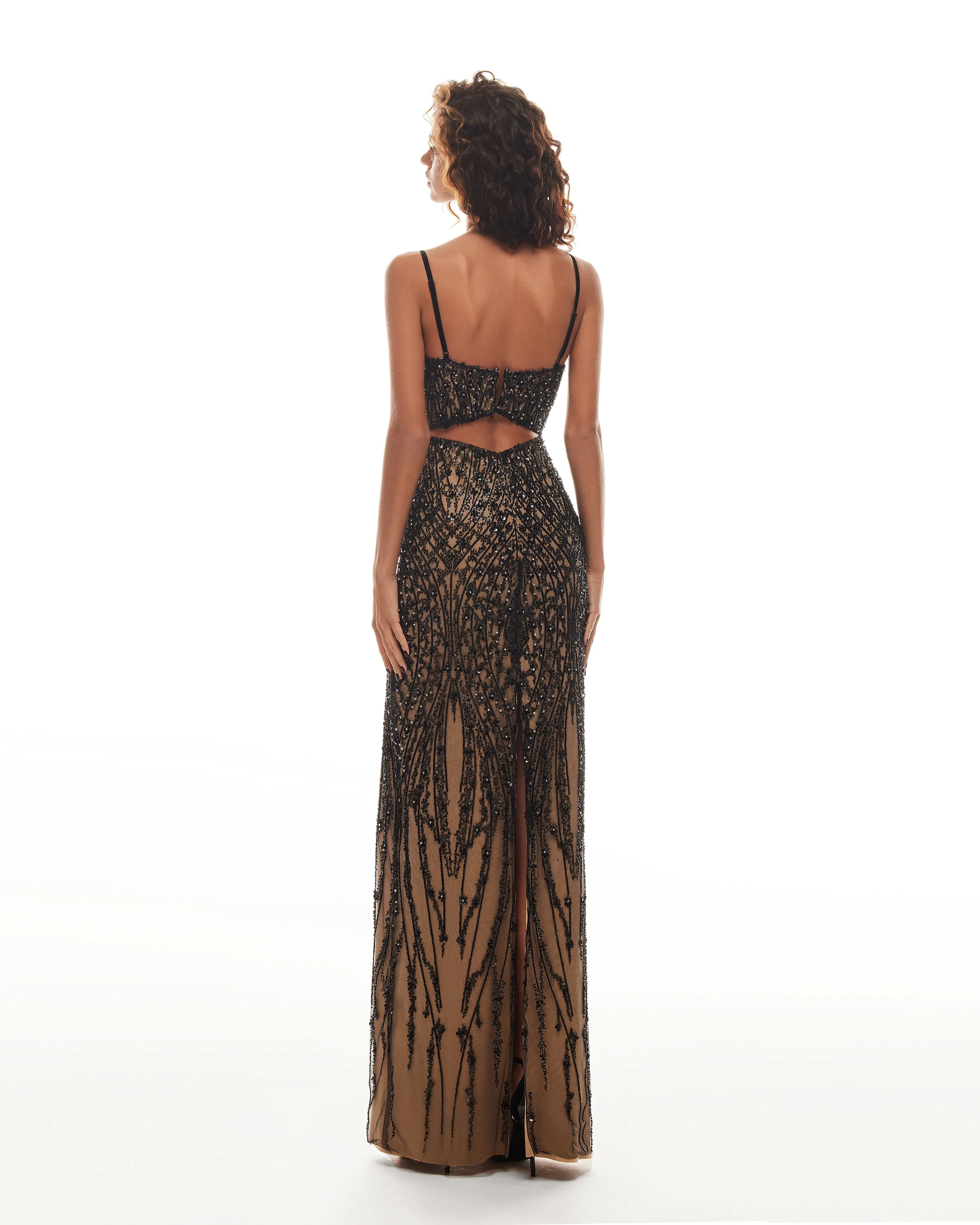 Gala-worthy beige maxi dress covered in black sequined ornament, Smoky Quartz sold by Milla product image thumbnail 4