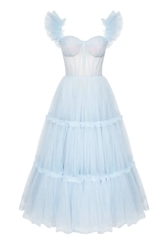 Light Blue Ruffled Tulle Midi Dress sold by Milla