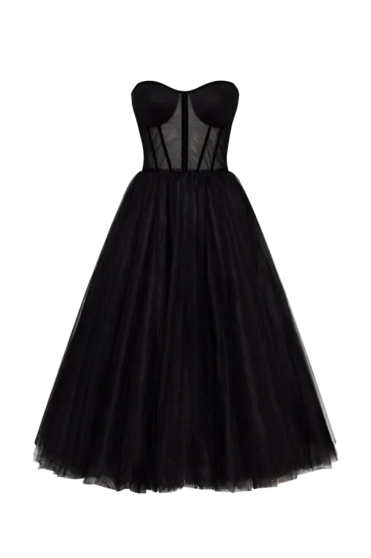 Black Strapless Puffy Midi Tulle Dress sold by Milla