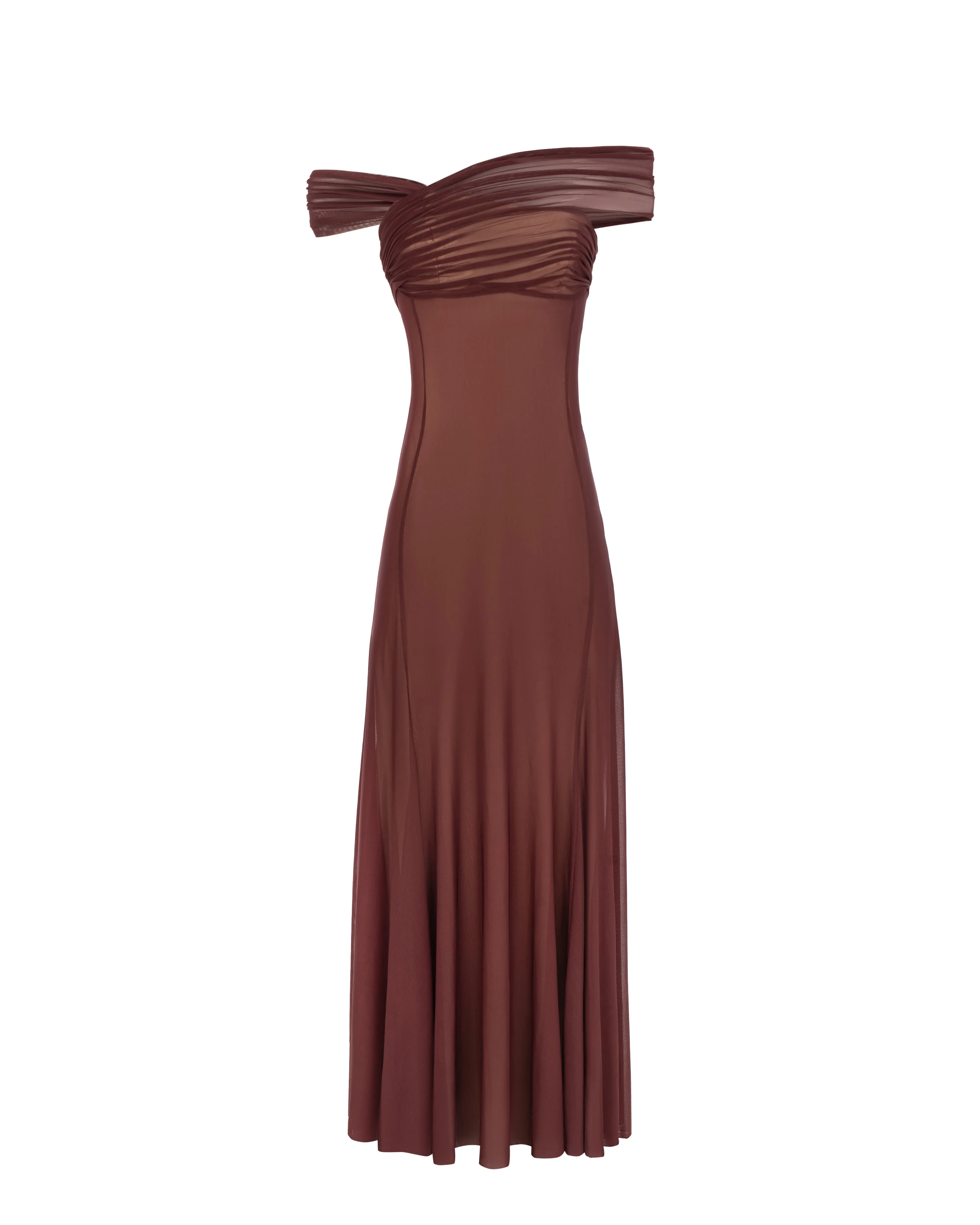 Second-skin maxi dress in chocolate color sold by Milla