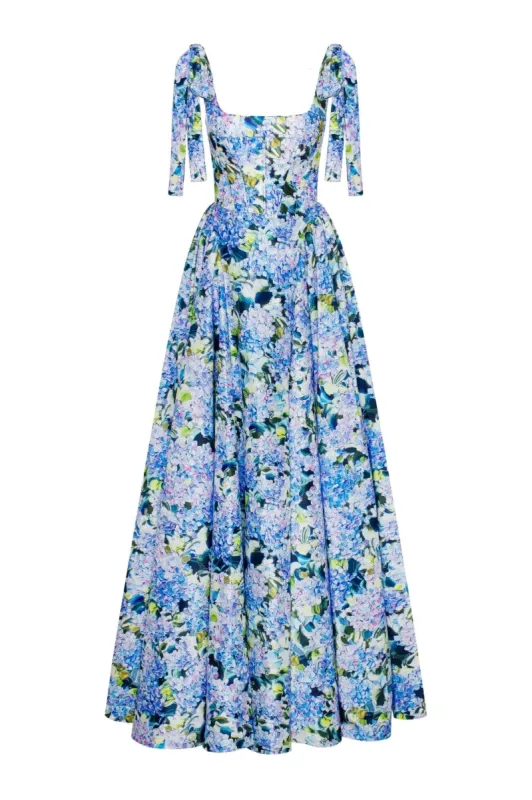 Blue Hydrangea strapped maxi dress sold by Milla