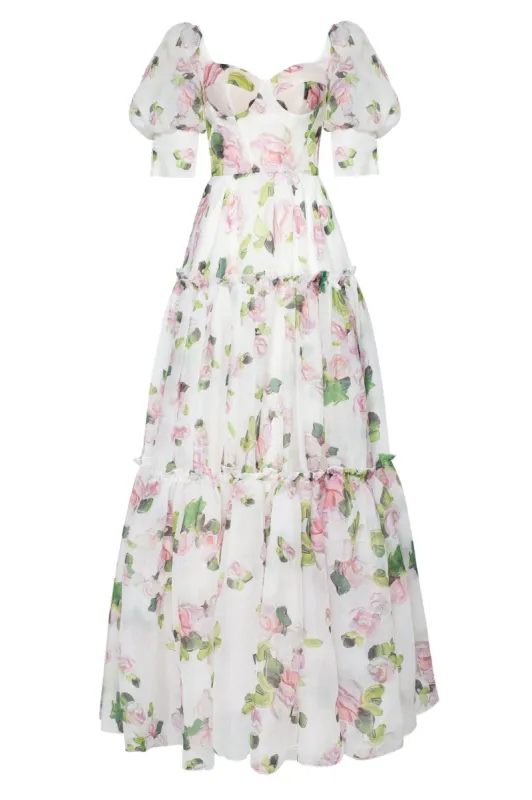 Apple Blossom Feminine voluminous sheer sleeves dress sold by Milla