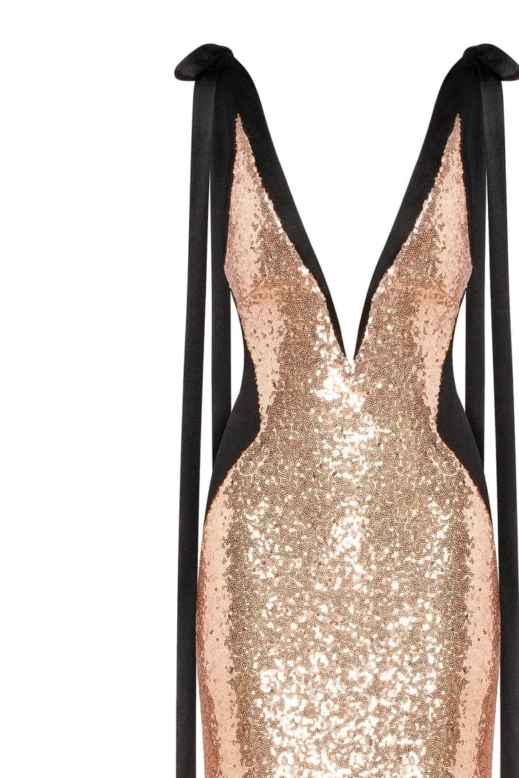 Bizzare fully sequined tie-straps gold maxi dress, Smoky Quartz sold by Milla product image thumbnail 5