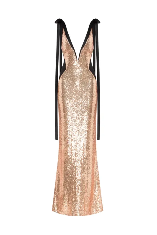 Bizzare fully sequined tie-straps gold maxi dress, Smoky Quartz sold by Milla