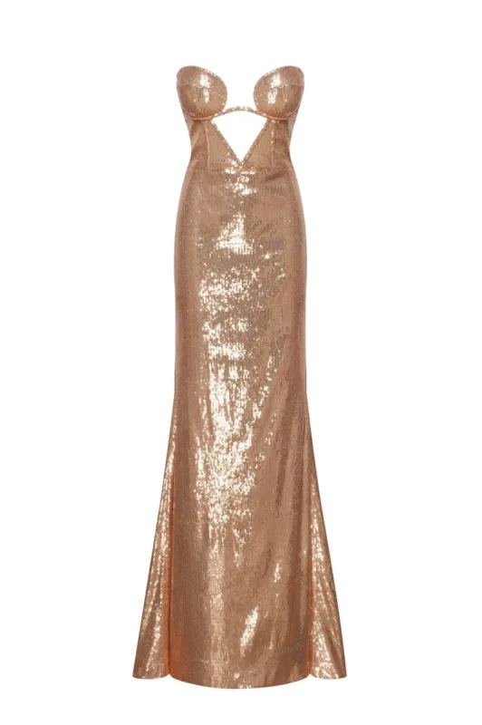 Astonishing  sequined lace maxi dress in gold sold by Milla