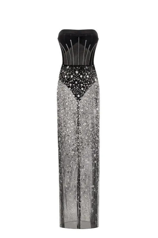 Crystal-covered fabulous black maxi dress sold by Milla